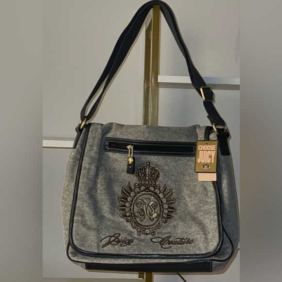 RARE Y2K Velour JUICY COUTURE Gray Messenger Laptop Grey Crown Logo Bag